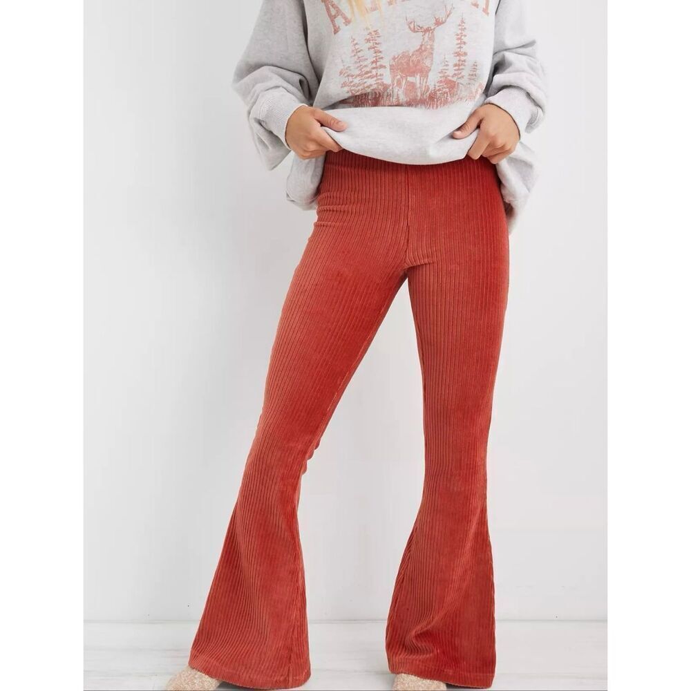 Aerie Small Regular Groove-On Velour High Waisted Flare Pant red Y2K style
